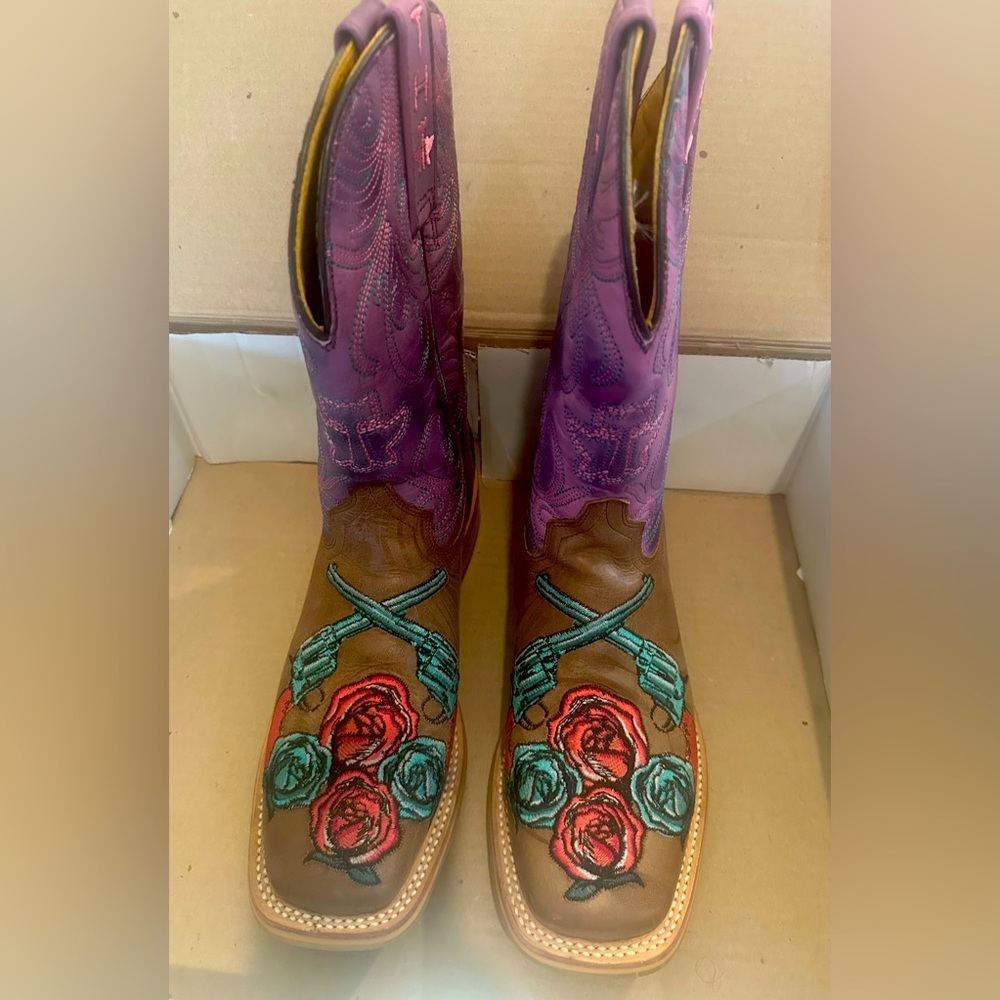 TIN HAUL SURE SHOT GUNS & ROSES SQUARE TOE WESTERN BOOTS size 8.5